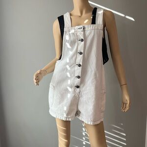 BDG White Denim Button-Front Short Overalls
